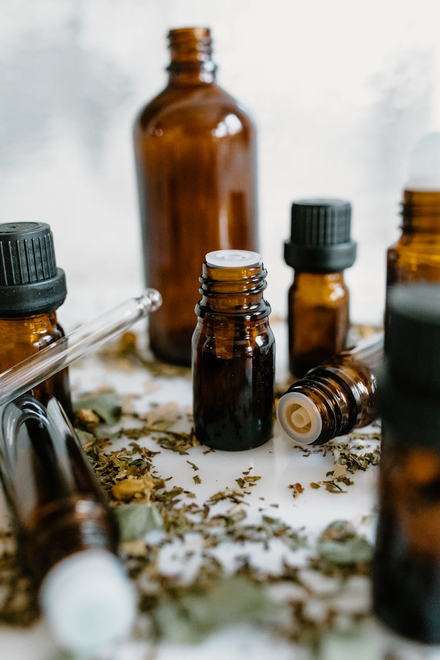selective focus of essential oil bottles